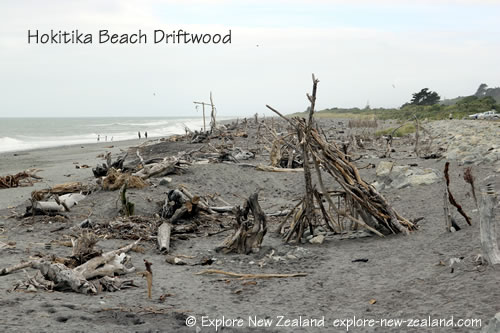 Driftwood on Hokitika Beach, West Coast Town New Zealand
