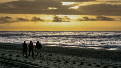 Hokitika Sunset Beach Walk, Three People and a Dog, West Coast, South Island, New Zealand