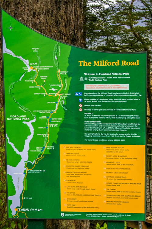 Milford Road Te Anau to Milford Sound Information Board and Map. State Highway 94 (SH94) / Te Anau Milford Highway. Fiordland, Southland, South Island, New Zealand