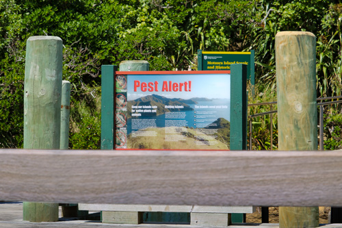 Predator Pest Alert Sign on Motuara Island, Marlborough Sounds, South Island, New Zealand