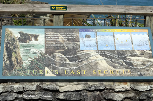 Punakaiki Pancake Rocks information board - Natures Last Secrets of how pancake rocks were formed Punakaiki Pancake Rocks information board - Natures Last Secrets of how pancake rocks were formed