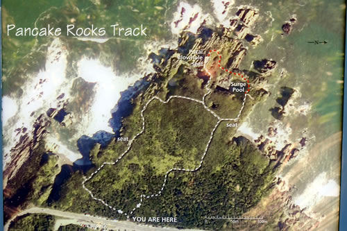 Punakaiki Pancake Rocks Walk track map showing direction, blowholes, and surge pool locations. South Island, New Zealand Punakaiki Pancake Rocks Walk track map showing direction, blowholes, and surge pool locations. South Island, New Zealand