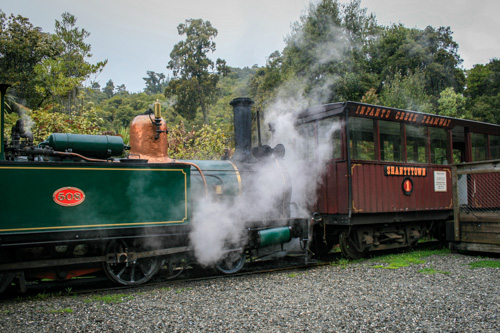 Shantytown steam train at Historic Shantytown Heritage Park, near Hokitika on the West Coast, South Island, New Zealand