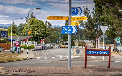 Lake Te Anau Town Sign to Centre, Milford Sound, and Facilities. Fiordland National Park, South Island, New Zealand